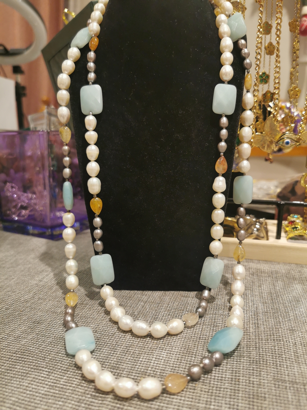 Natural Pearls and Aquamarine Beaded Long Necklace